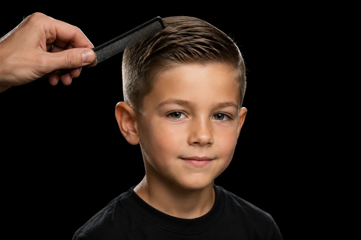 Corte infantil terminado — niño posando satisfecho en Next Level 47 Barcelona
